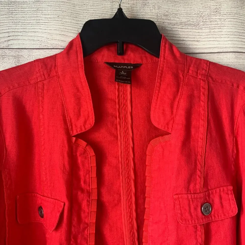 Multiples Pink Linen Blazer Jacket with Ruffle Detail 3/4 Sleeves Size L